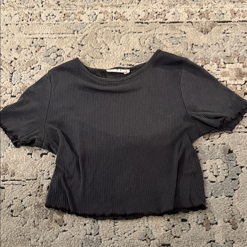 Molly Green Blue Gray Ruffle Trim Ribbed Top